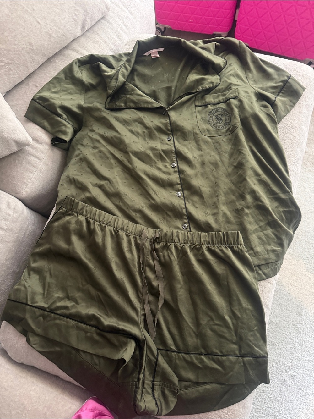 Victoria's Secret Olive Green Button-Front Satin Pajama Set